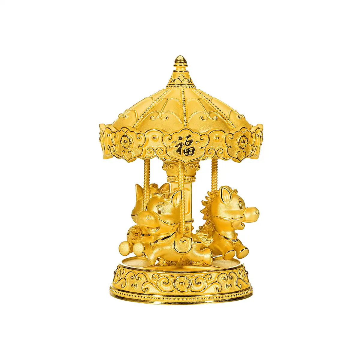 六福珠寶黃金擺件 - “馬踏金福-旋轉金馬”999足金擺件