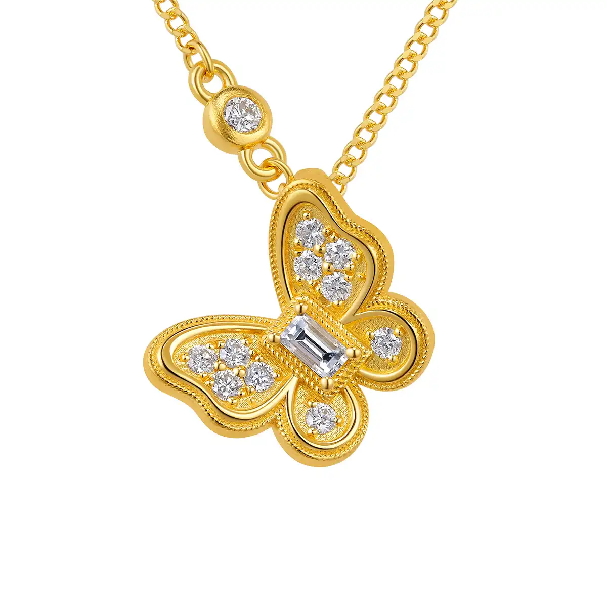 六福珠寶黃金頸鏈 - "綺夢花園"999足金鑽石蝴蝶頸鏈