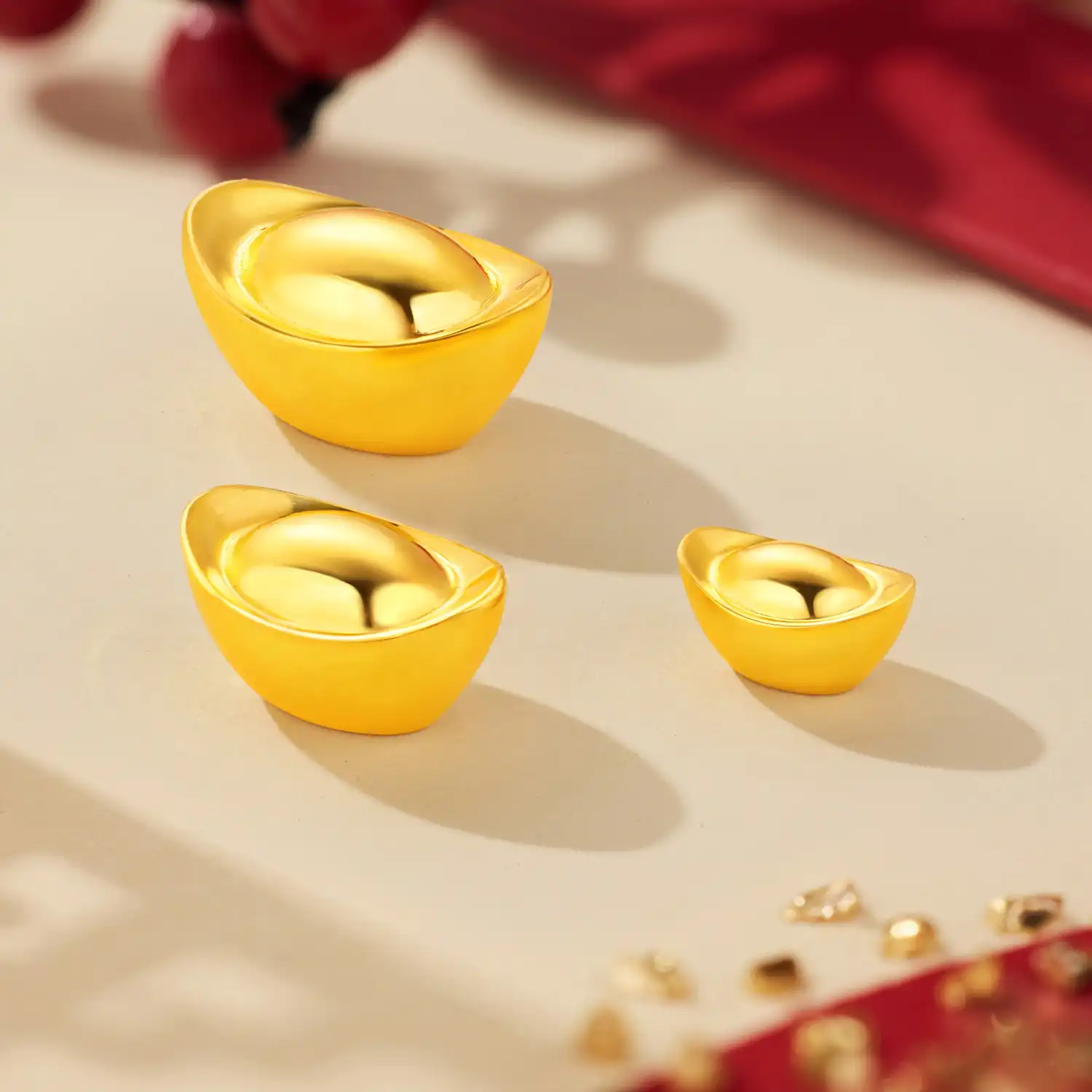 六福珠寶黃金金豆子 - "金元寶"999.9黃金金元寶(3克)–附送可愛貓瓶