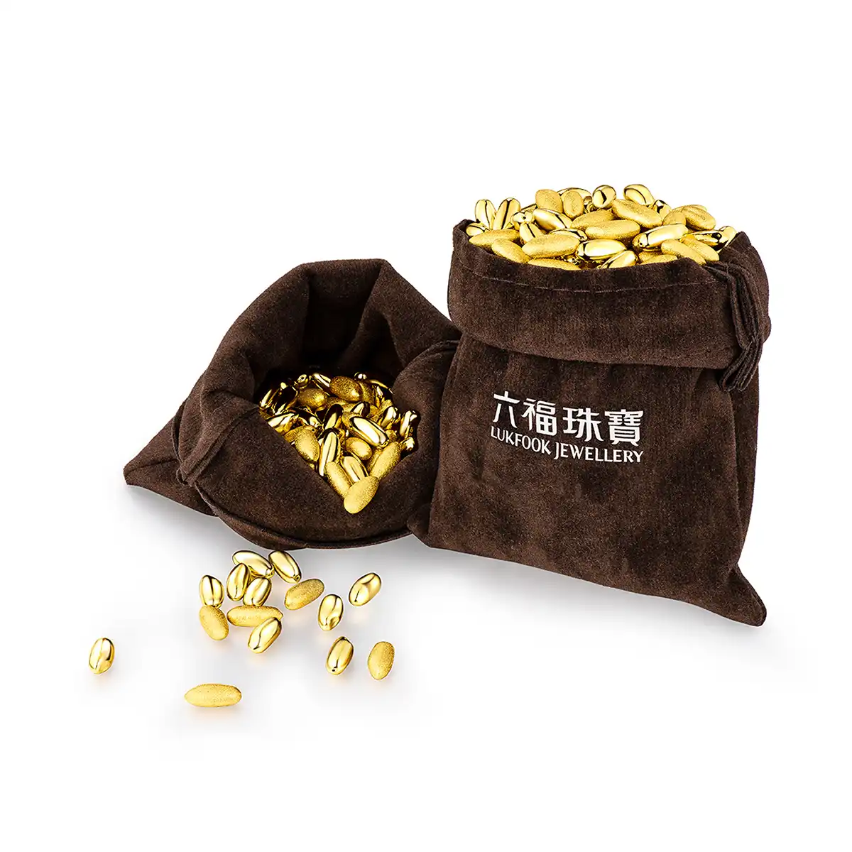 六福珠寶黃金金豆子 - "金大米"999.9黃金光面大米套裝(2粒)–附送木塞玻璃瓶