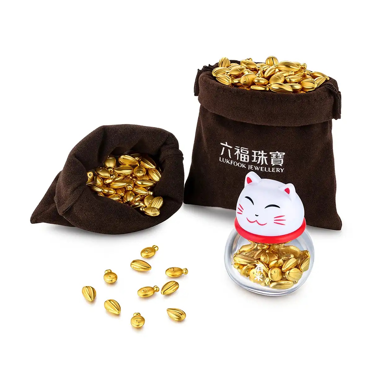 六福珠寶黃金金豆子 - "金鯉魚"999.9黃金鯉魚套裝(2粒)–附送可愛貓瓶