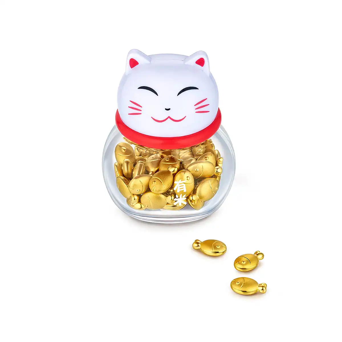 六福珠寶黃金金豆子 - "金鯉魚"999.9黃金鯉魚套裝(2粒)–附送可愛貓瓶