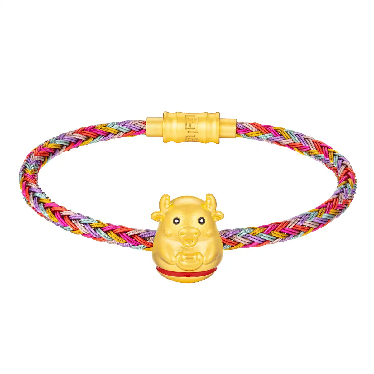 六福珠寶黃金串飾 - “不倒一族”十二生肖999足金串飾連手繩-"財富牛"(硬金工藝)