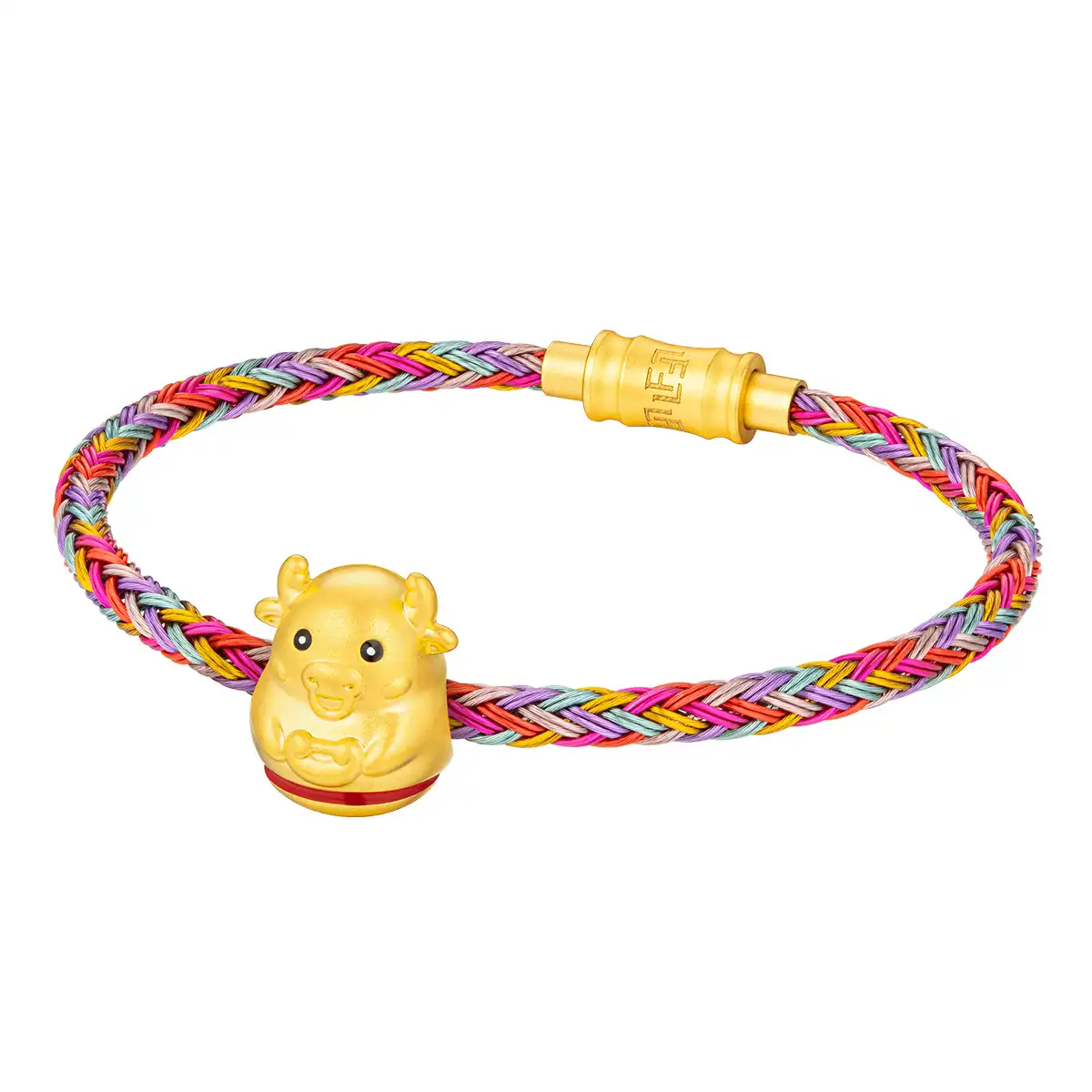 六福珠寶黃金串飾 - “不倒一族”十二生肖999足金串飾連手繩-"財富牛"(硬金工藝)