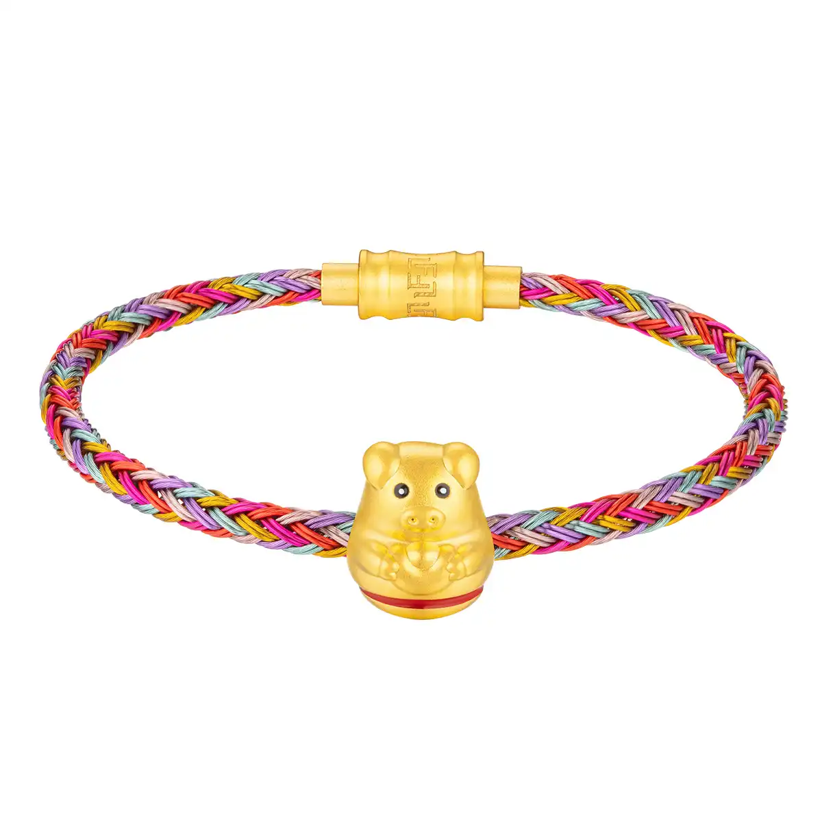 六福珠寶黃金串飾 - "不倒一族"十二生肖999足金串飾連手繩-"富貴豬"(硬金工藝)