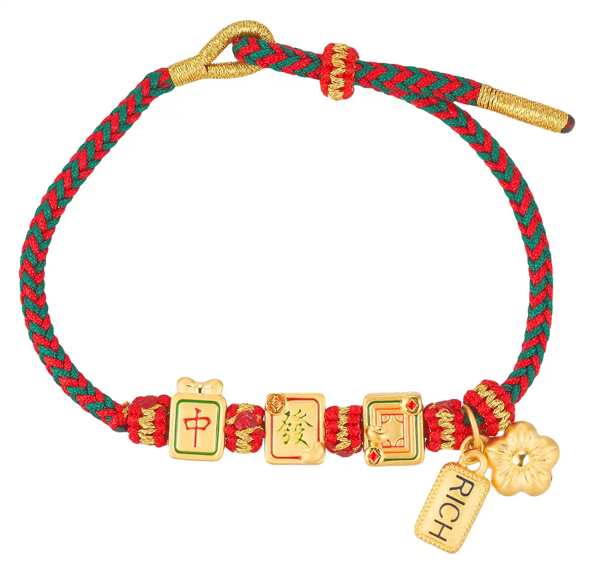 六福珠寶黃金串飾 - “中發白”麻將造型999足金串飾連手繩