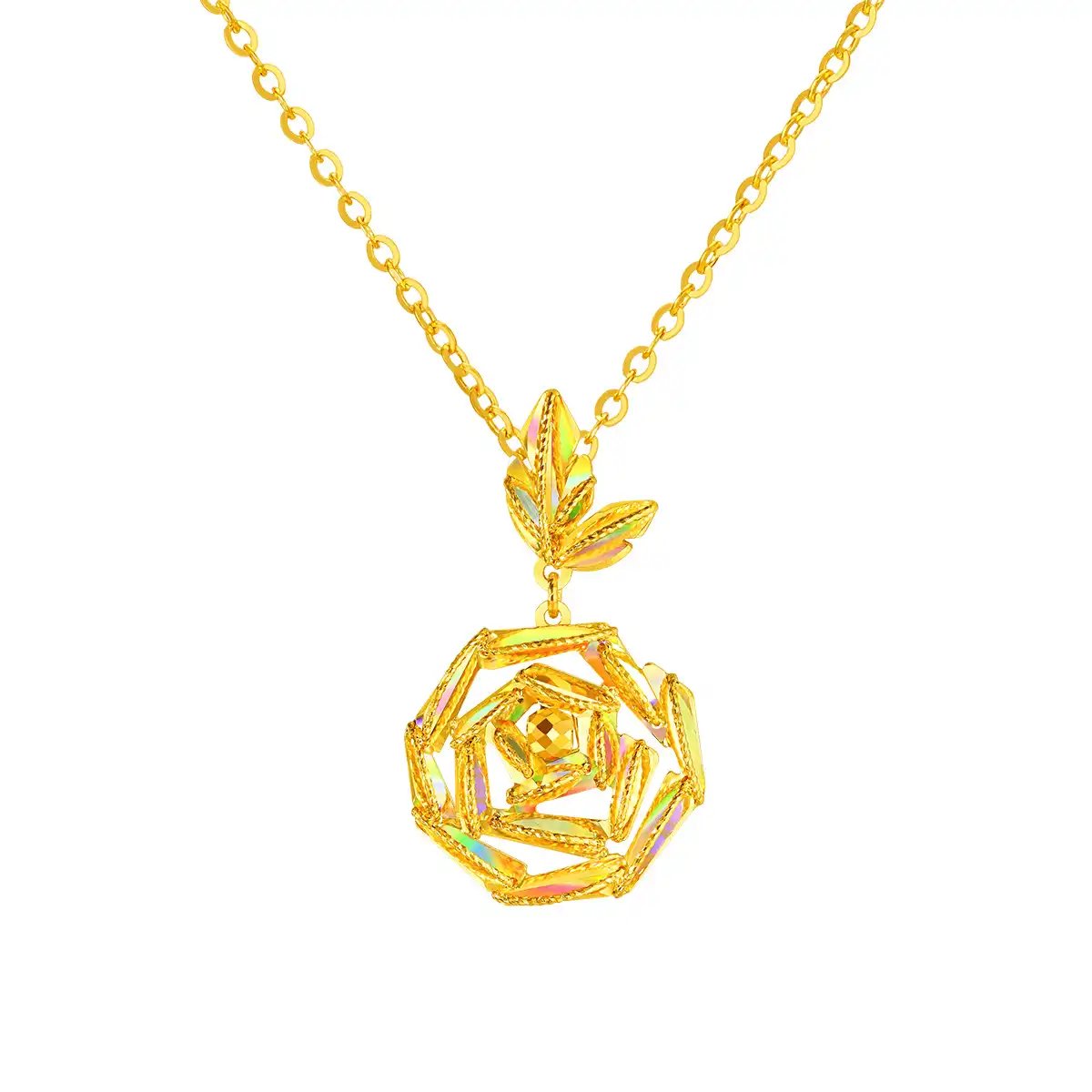 六福珠宝黄金吊坠 - “冰‧钻玫瑰”999足金吊坠