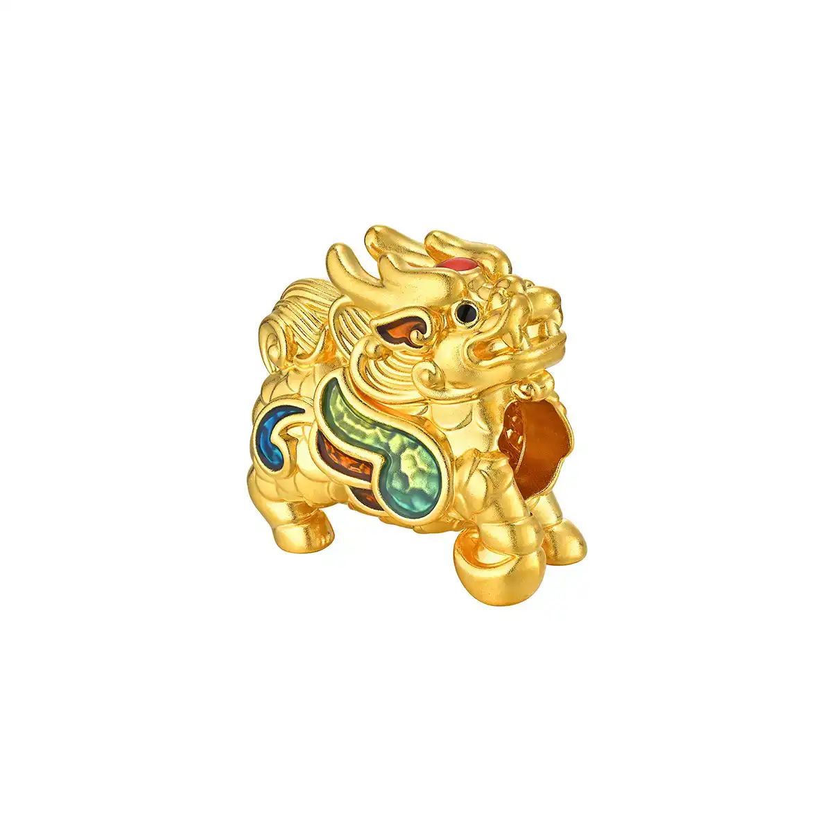 六福珠寶黃金串飾 - "麒麟獻財"999足金鎏彩串飾(配墨綠色手繩)
