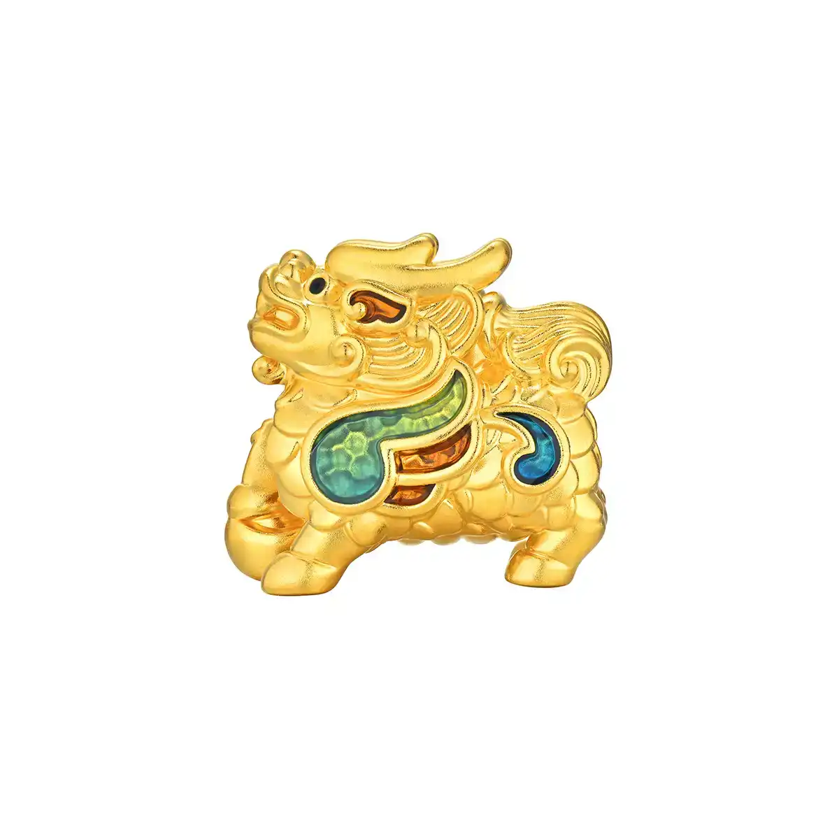 六福珠寶黃金串飾 - "麒麟獻財"999足金鎏彩串飾(配墨綠色手繩)