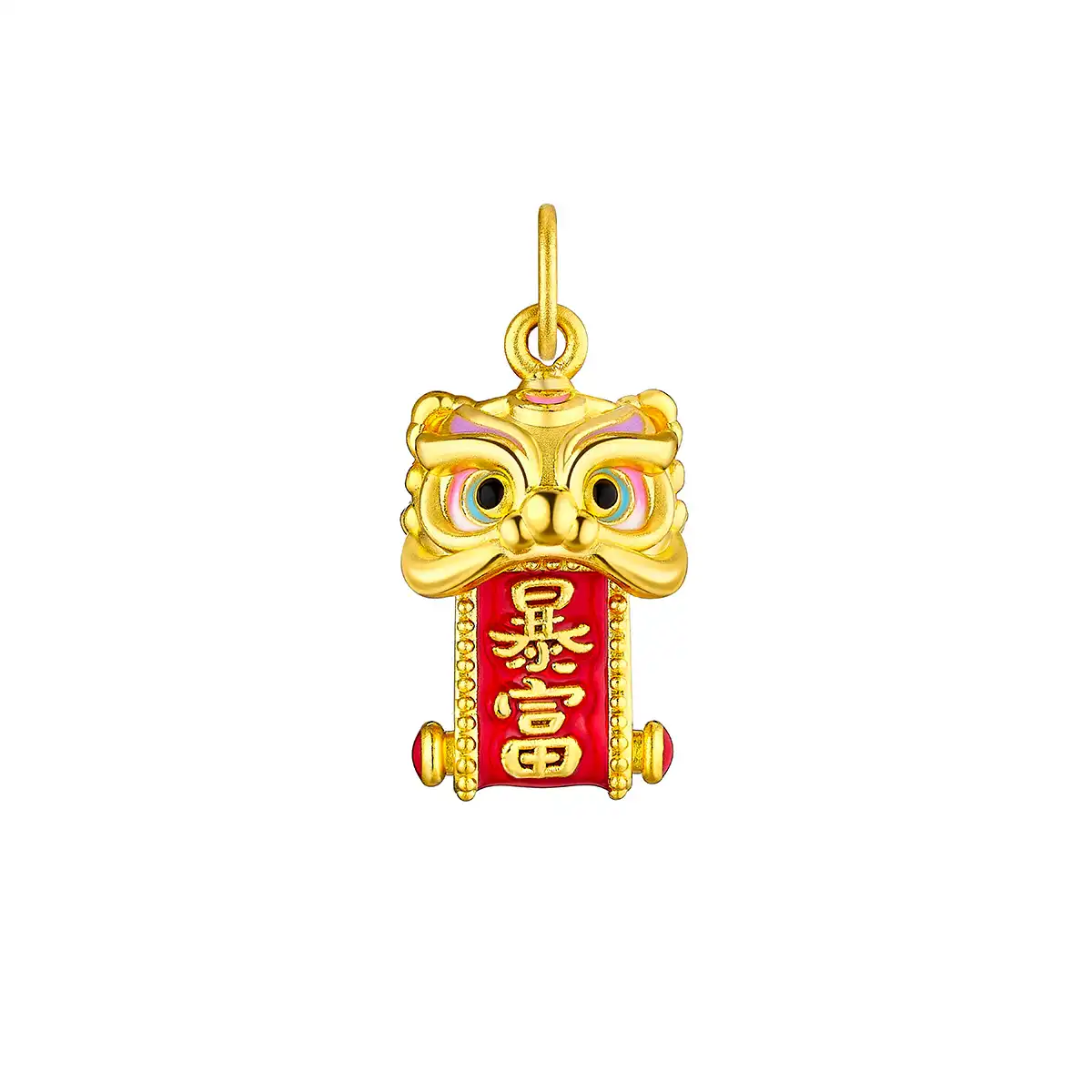 六福珠寶黃金串飾 - "招富喜獅"999足金串飾連手繩