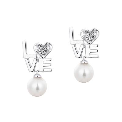 六福珠宝18K金耳环 - "LOVE"18K金珍珠钻石耳环-多色选择