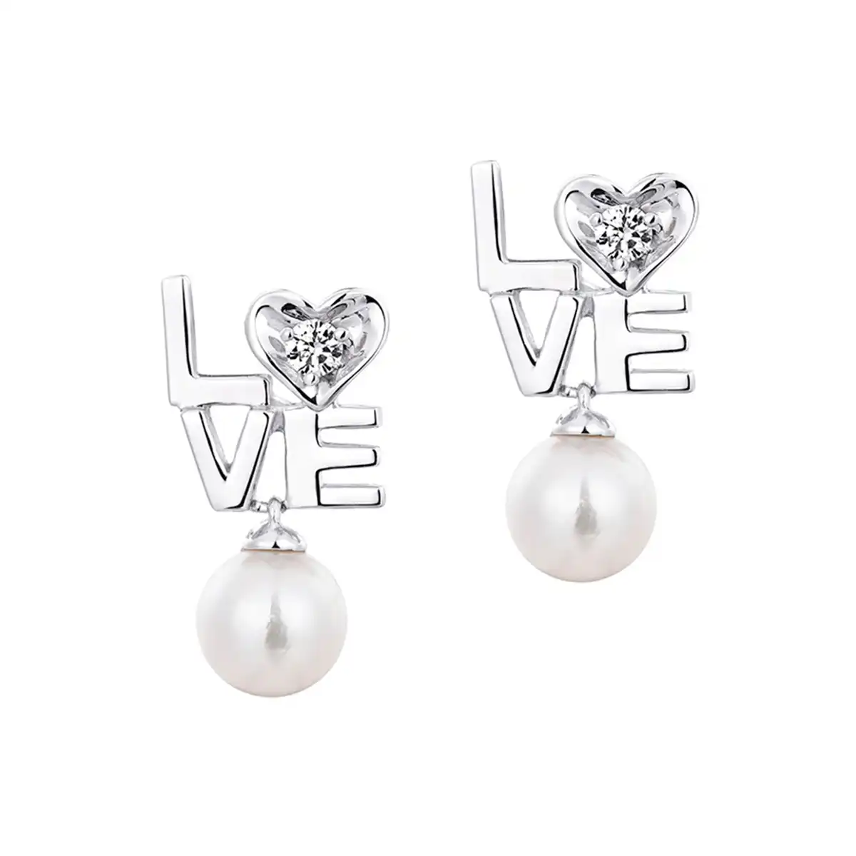 六福珠寶18K金耳環 - "LOVE"18K金(白色)珍珠鑽石耳環