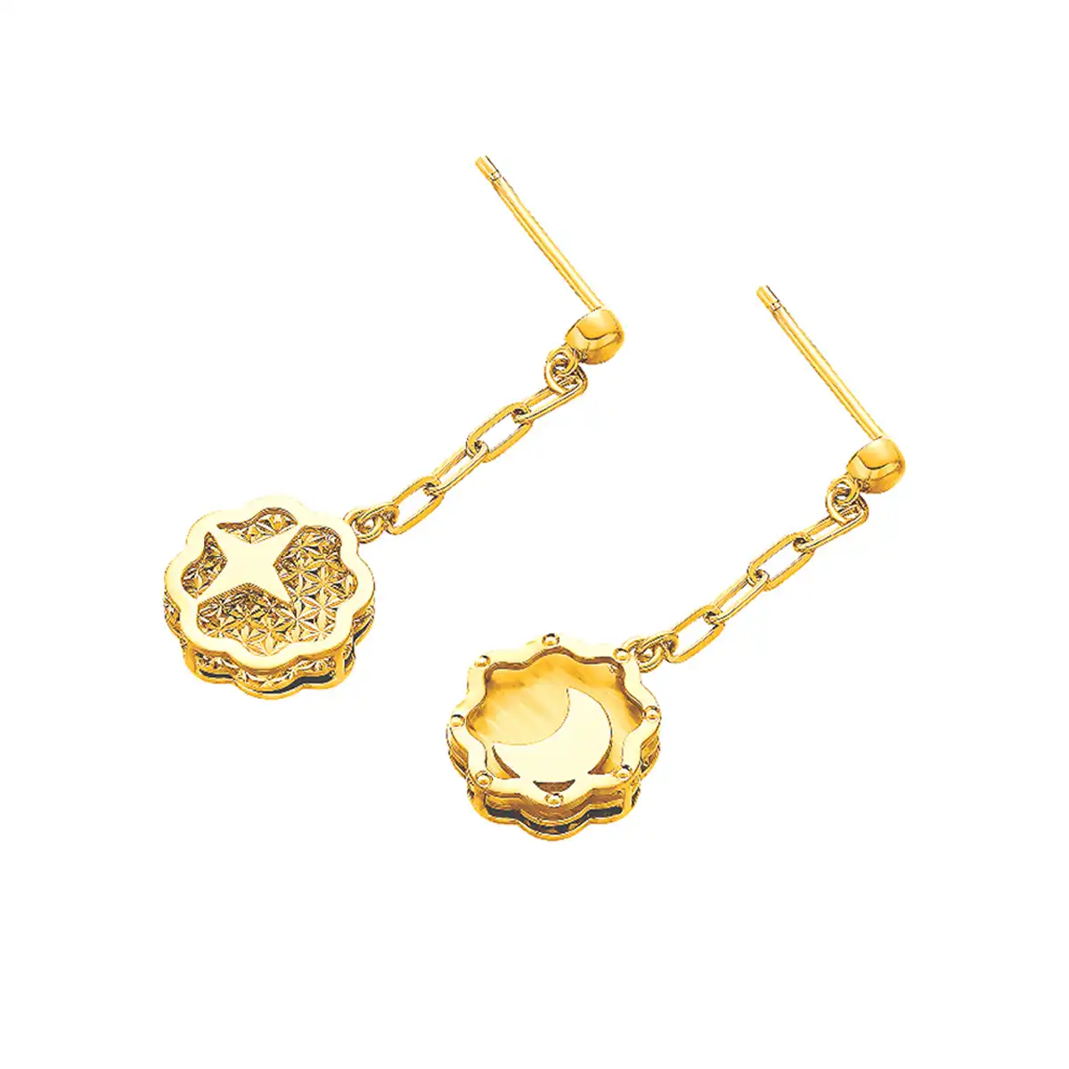 六福珠宝黄金耳环 - "星月守护"花朵990黄金耳环
