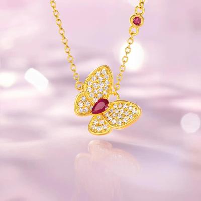 六福珠寶黃金頸鏈 - "花香蝶舞"999.9黃金紅寶石鑽石頸鏈