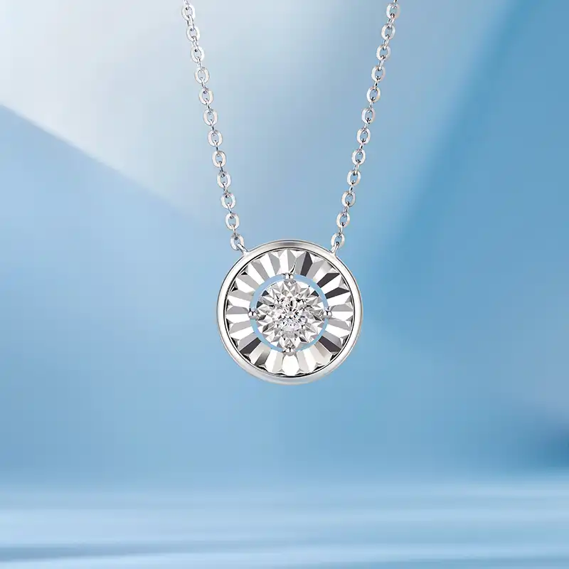 六福珠寶18K金頸鏈 - "經典"圓形18K金(白色)鑽石頸鏈(放閃車花工藝)