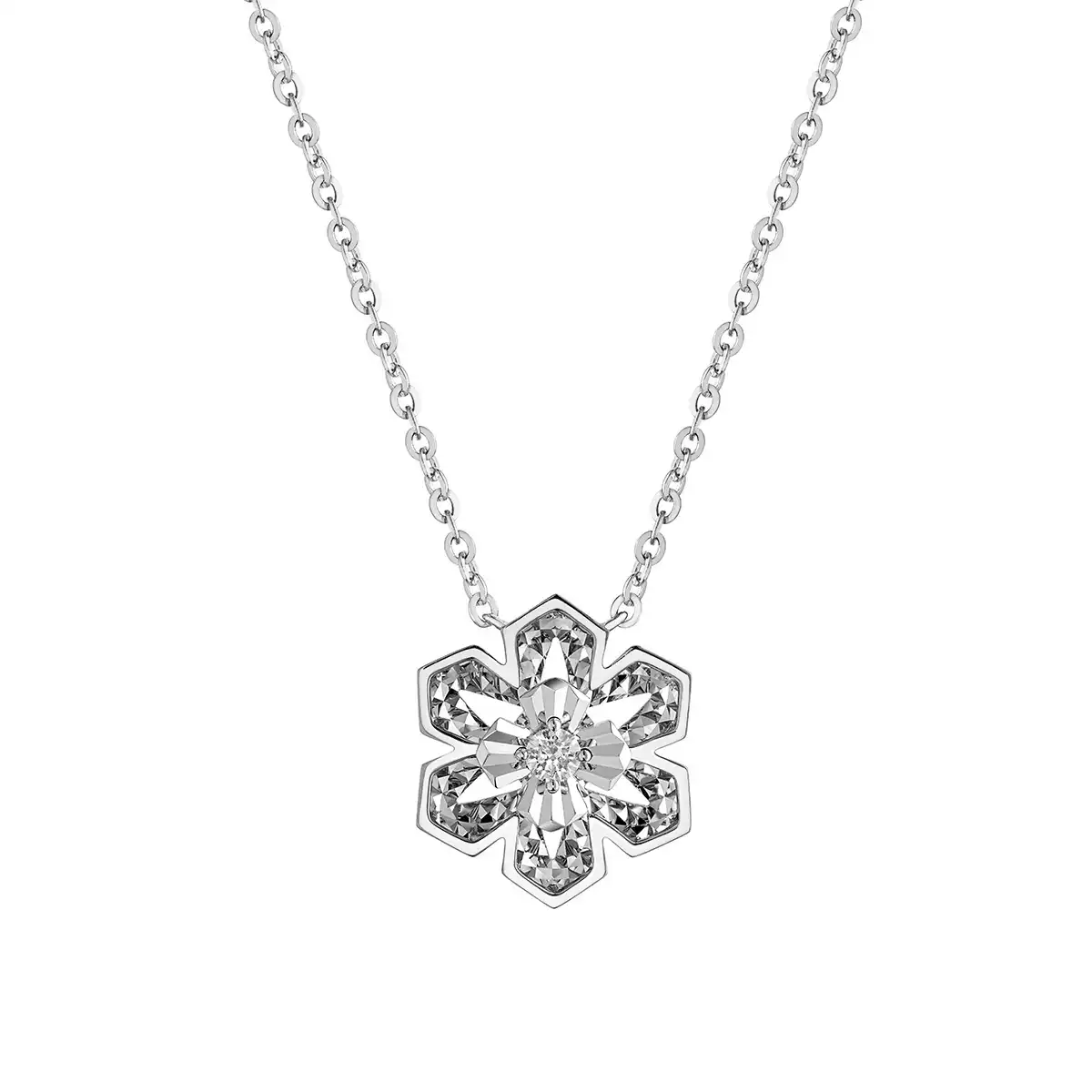 六福珠寶18K金頸鏈 - “星芒花语”18K金(白色)鑽石頸鏈