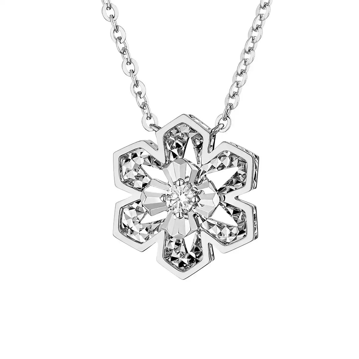 六福珠寶18K金頸鏈 - “星芒花语”18K金(白色)鑽石頸鏈