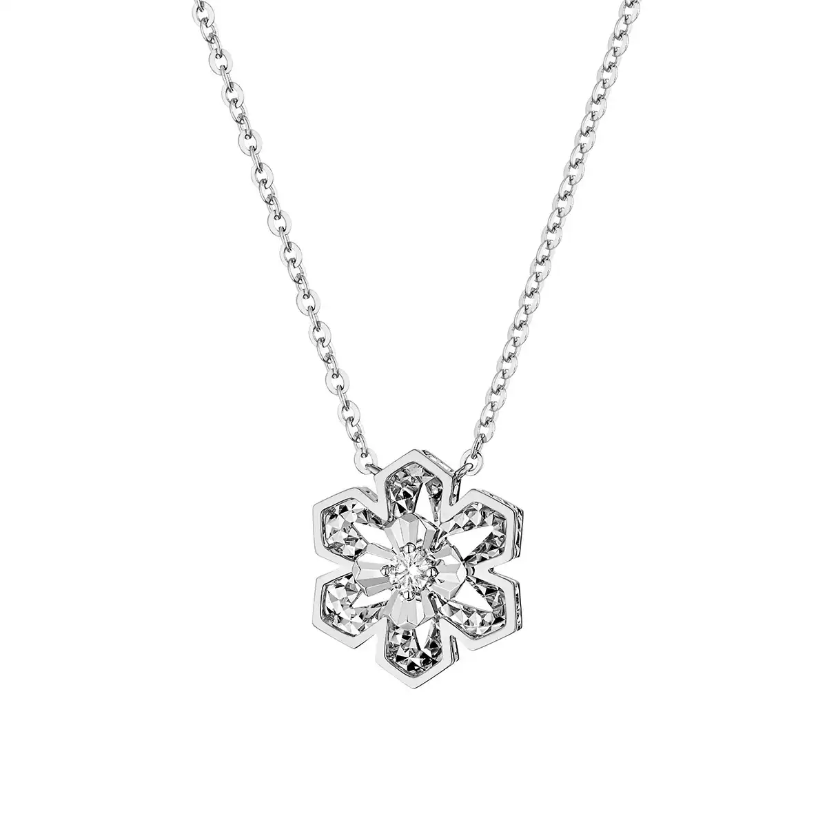 六福珠寶18K金頸鏈 - “星芒花语”18K金(白色)鑽石頸鏈