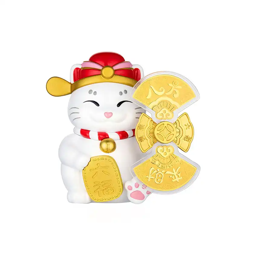 六福珠宝黄金工艺品 - "八方来财"招财福猫999.9黄金工艺品