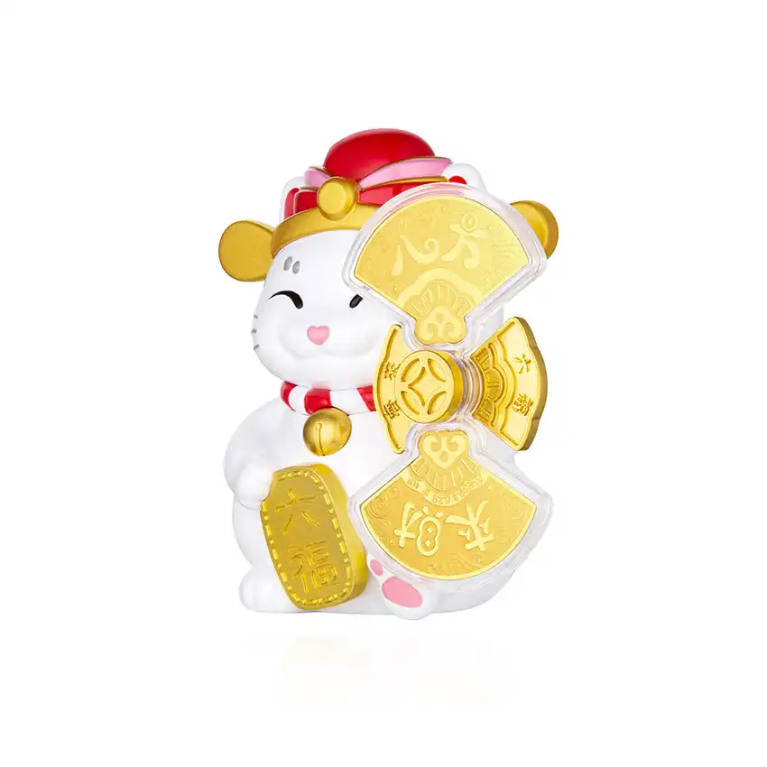 六福珠宝黄金工艺品 - "八方来财"招财福猫999.9黄金工艺品