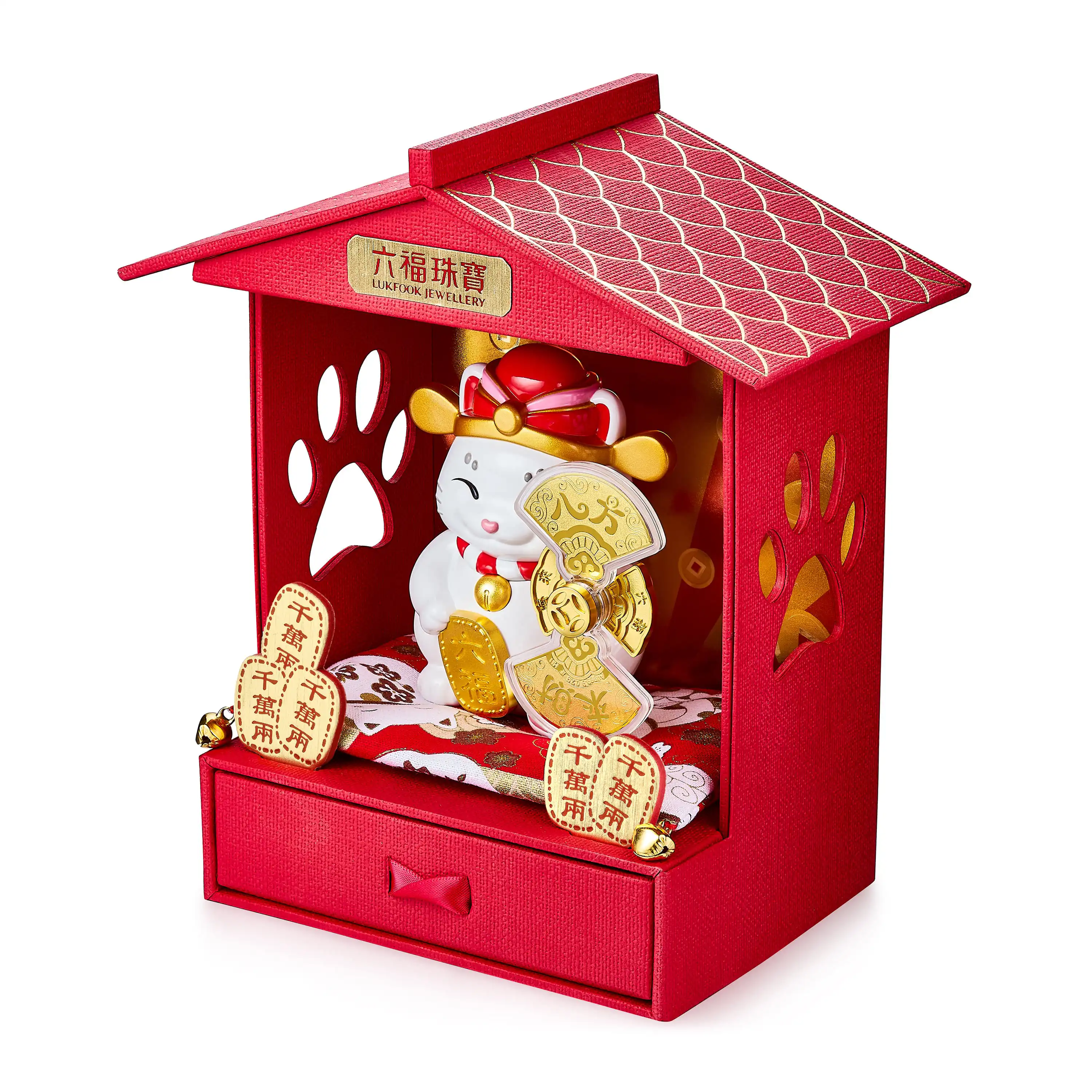 六福珠宝黄金工艺品 - "八方来财"招财福猫999.9黄金工艺品
