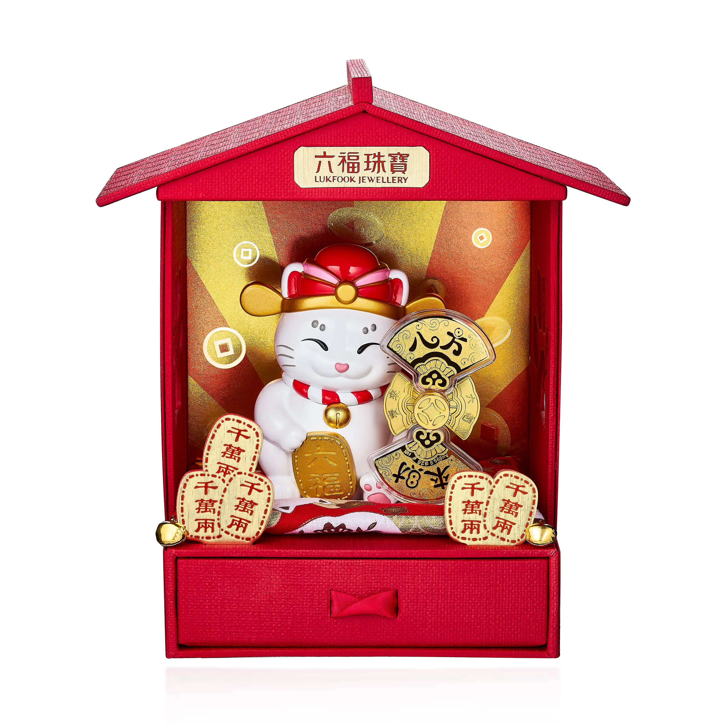 六福珠宝黄金工艺品 - "八方来财"招财福猫999.9黄金工艺品