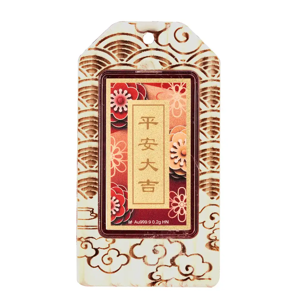 六福珠寶黃金工藝品 - "平安大吉"999.9黃金心願牌連木框及匙扣