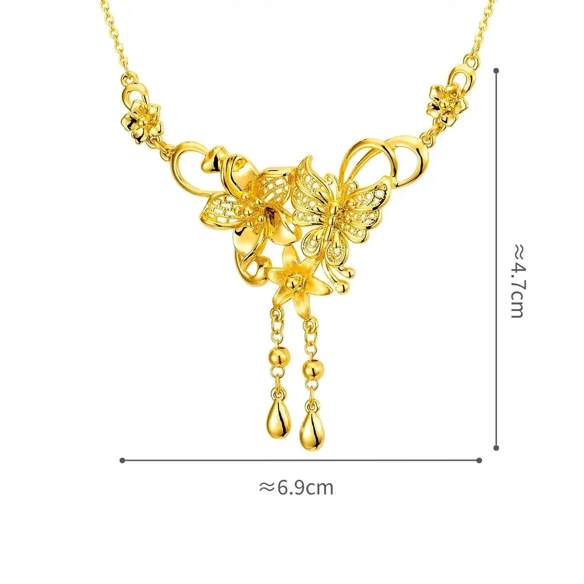 六福珠寶黃金頸鏈 - “蝶花銜露”999足金頸鏈