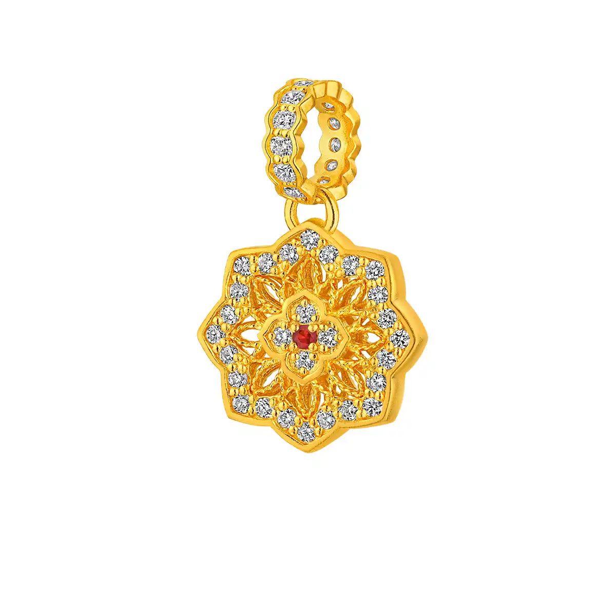 六福珠寶黃金吊墜 - "蓮花"999足金紅寶石鑽石吊墜